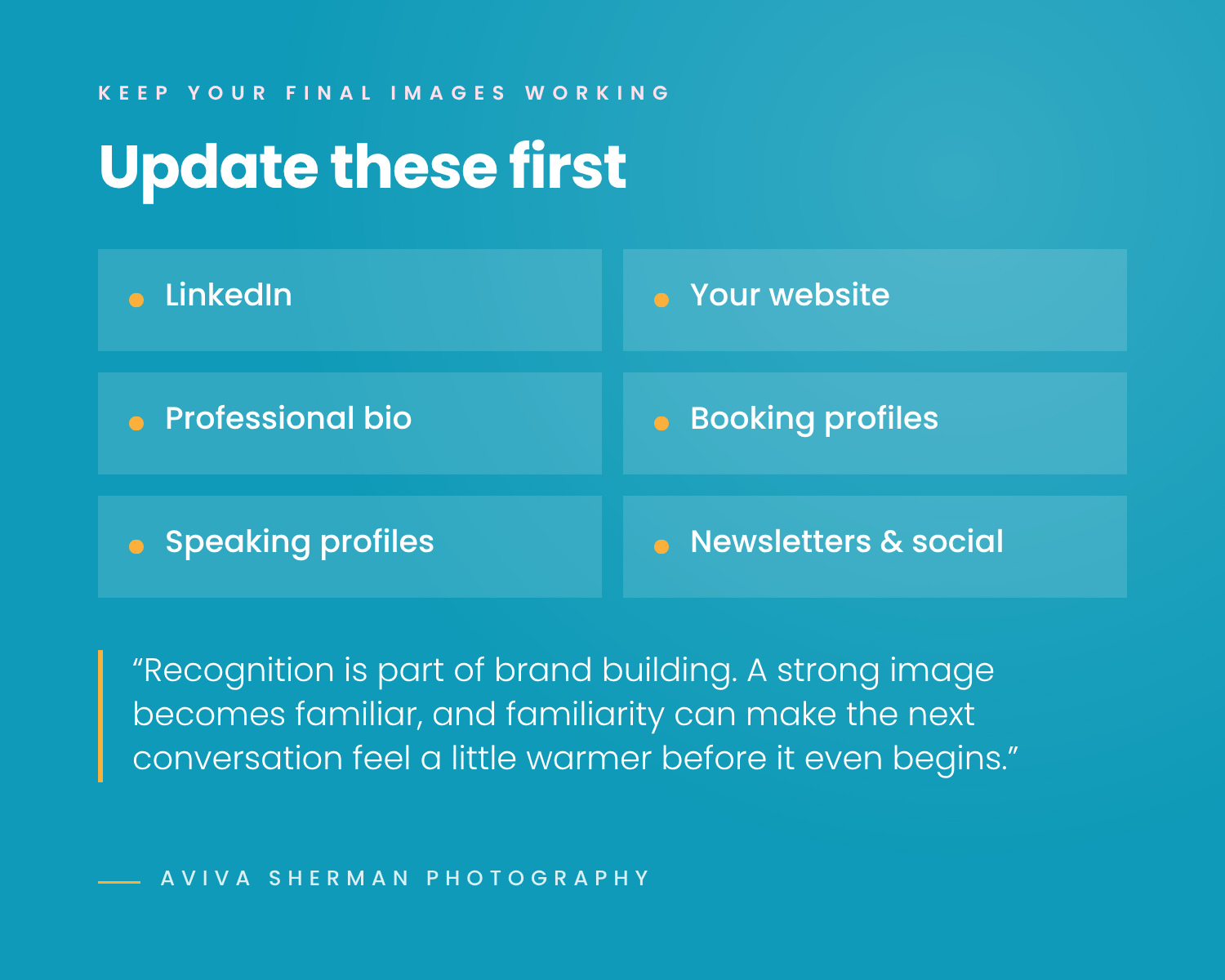 Places to update first with new brand photos, including LinkedIn, website, professional bio, booking profiles, speaking profiles, newsletters, and social media
