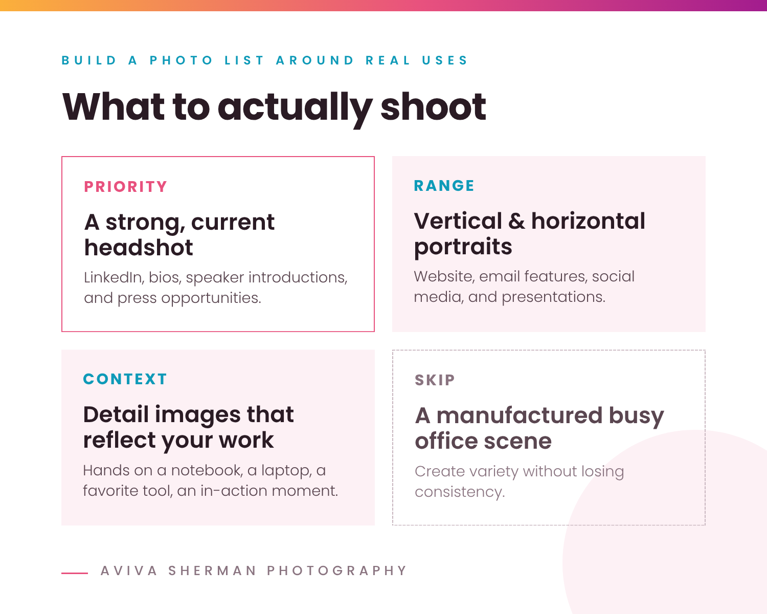 What to actually shoot for an entrepreneur brand photo session, including a current headshot, portrait range, useful detail images, and what to skip